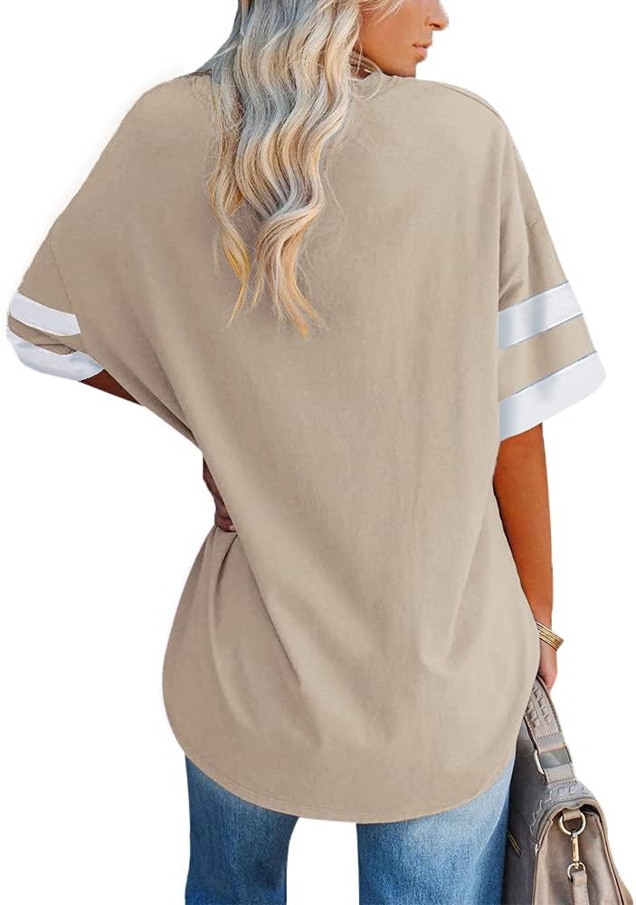 Womens Oversized Tees Loose T Shirts Half Sleeve Crew Neck Color Block Cotton Tunic Tops - Image 2
