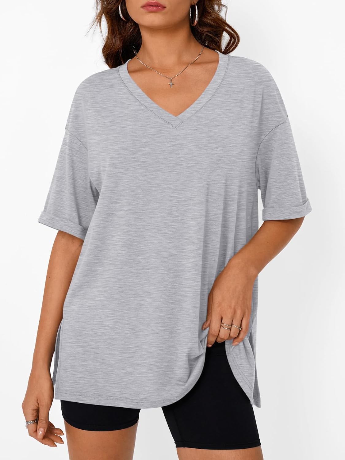 Trendy Queen Oversized Tshirts for Women Workout Plus Size Tops V Neck Short Sleeve Gym Shirts Casual Loose Fit Basic Tees - Image 2