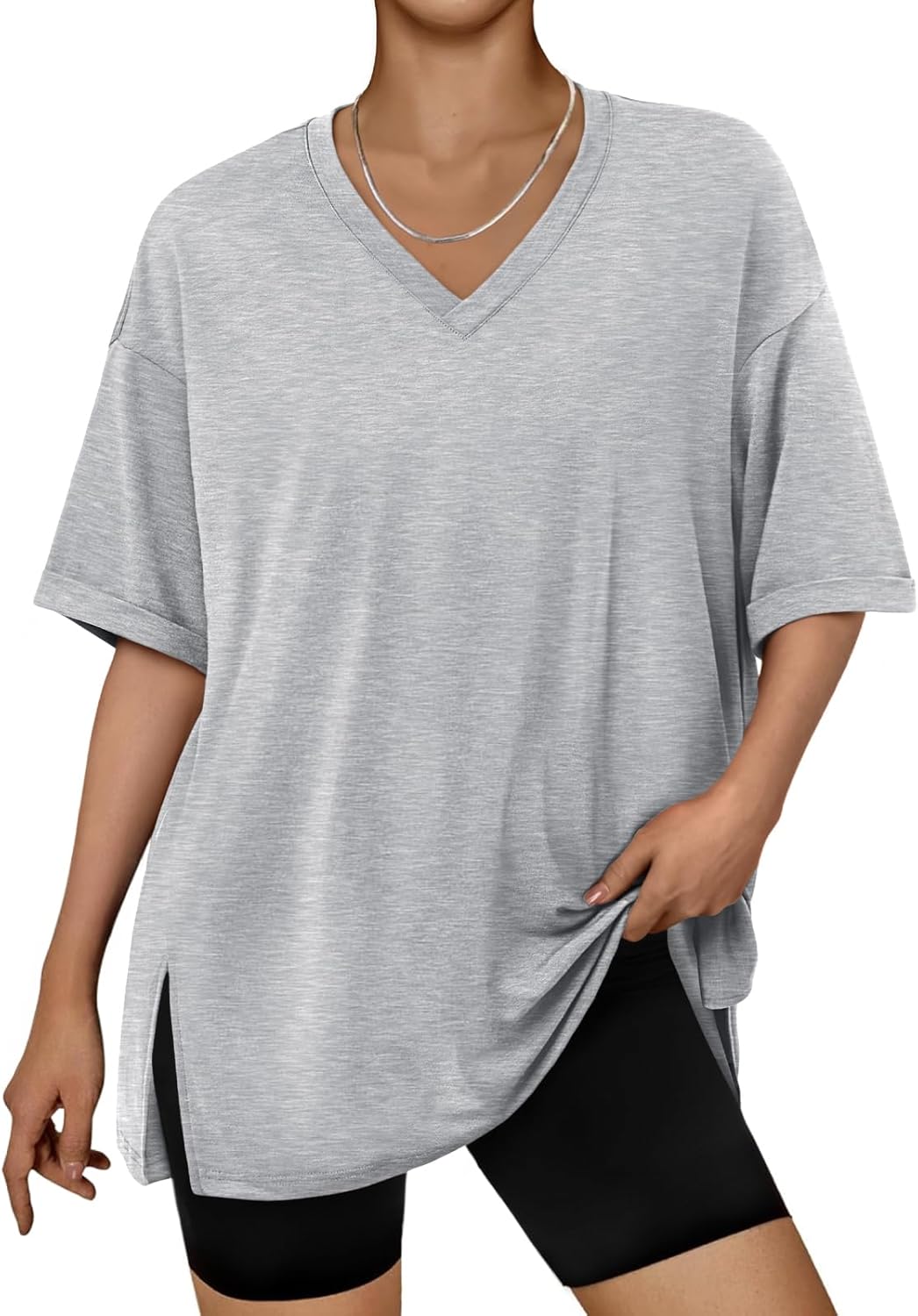 Trendy Queen Oversized Tshirts for Women Workout Plus Size Tops V Neck Short Sleeve Gym Shirts Casual Loose Fit Basic Tees