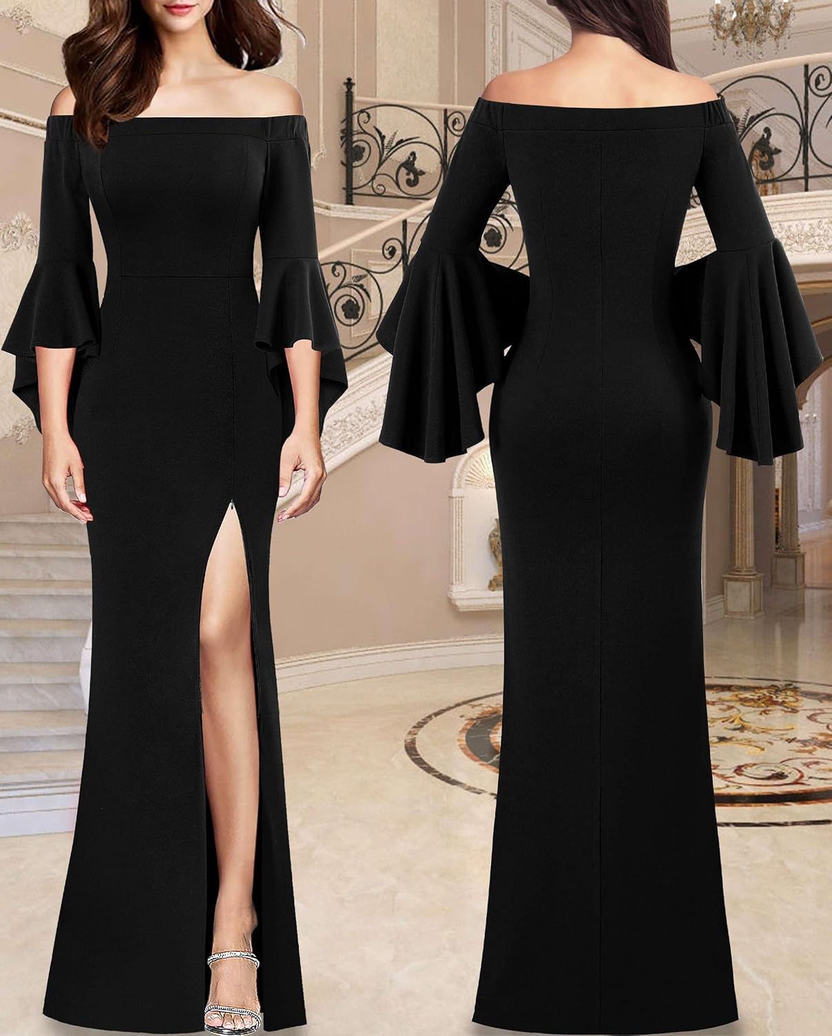 Womens Off Shoulder Bell Sleeve Formal Evening Wedding Party Maxi Dress - Image 2